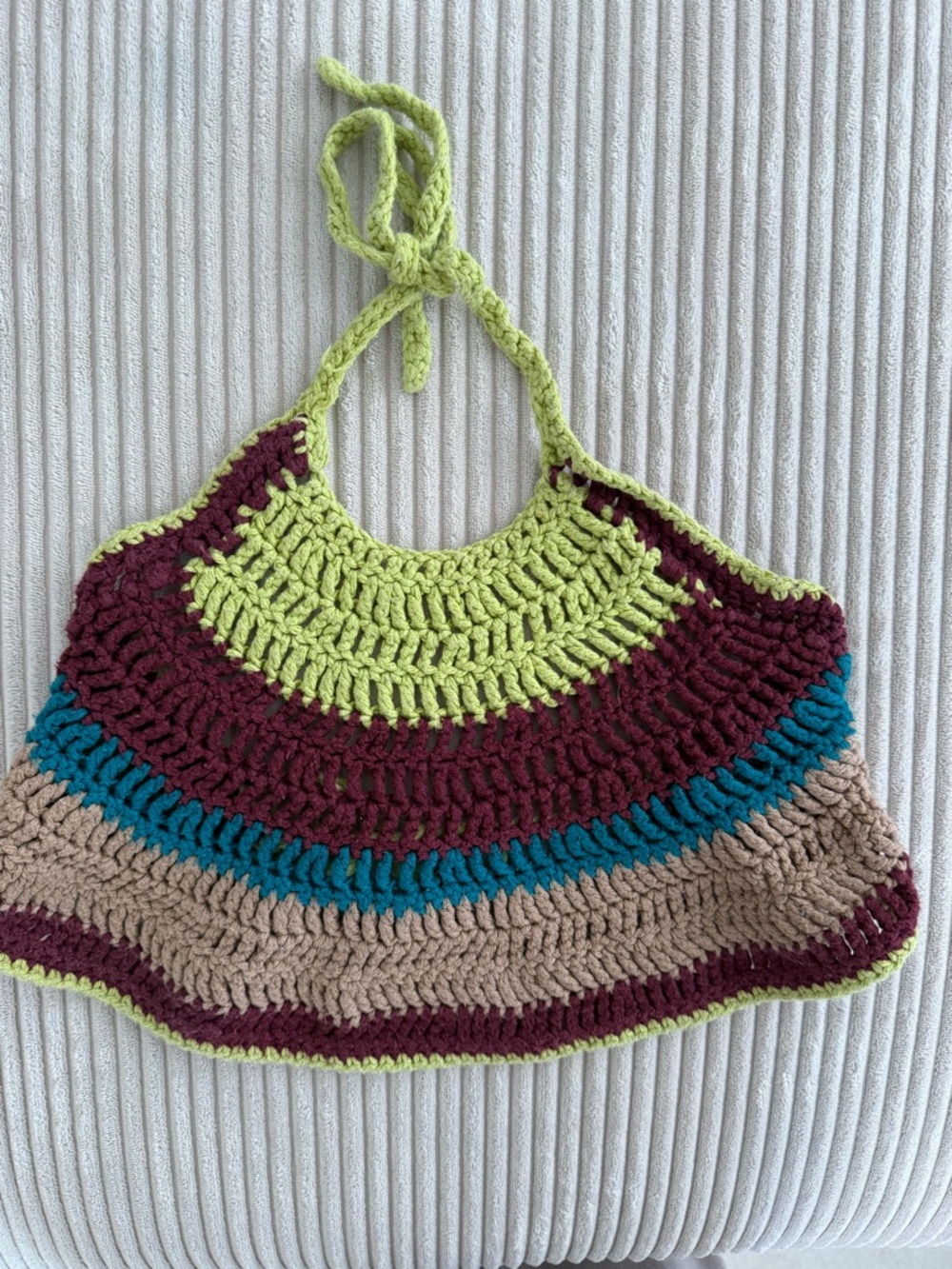 Handmade Crochet Halter Tank Top in Lime, Burgundy, Teal & Tan